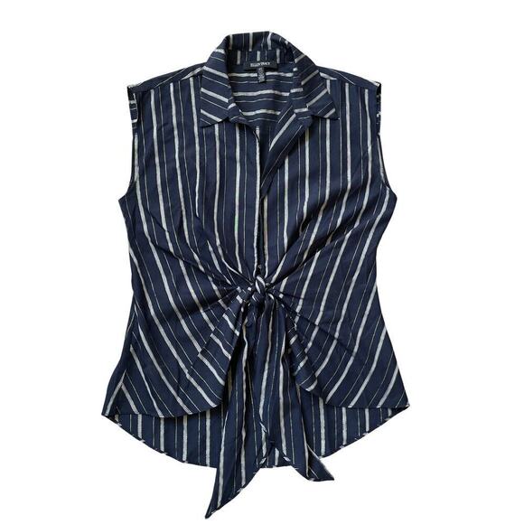 Ellen Tracy M Sleeveless Tie Front Top | Navy Blue Gold Stripe Soft Drape Career - Picture 1 of 6